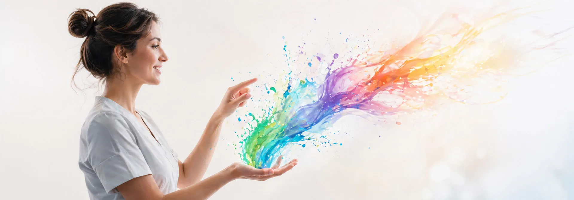 Thérapeute souriante faisant jaillir un arc-en-ciel de peinture couleurs avec ses mains.